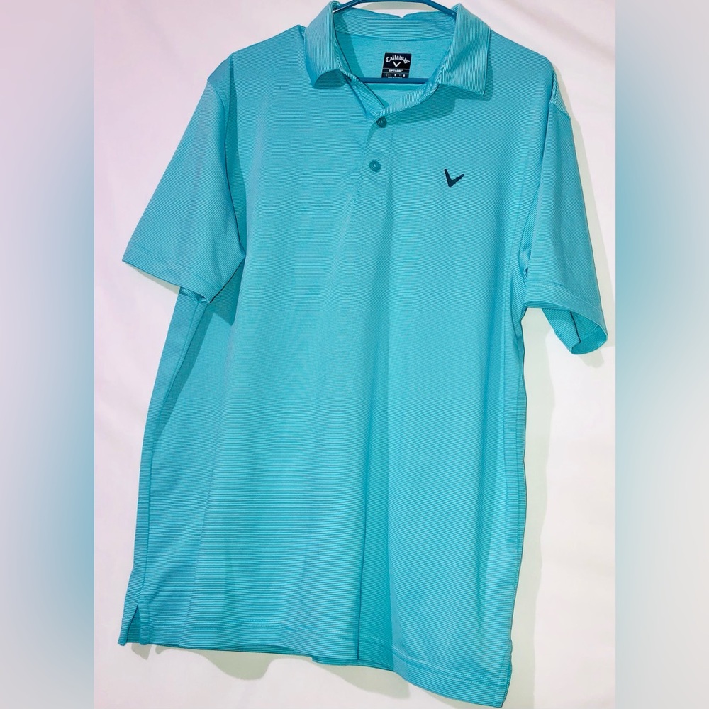 Callaway Men’s Polo Shirt Teal Blue strip Size Large moisture wicking